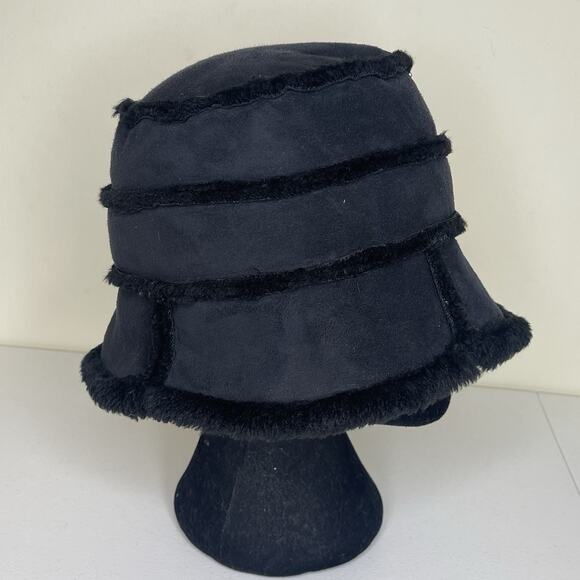 Black Faux Suede Faux Fur Trimmed Bucket Hat Y2K Whimsigoth Patchwork Rave Vampy - Picture 3 of 6